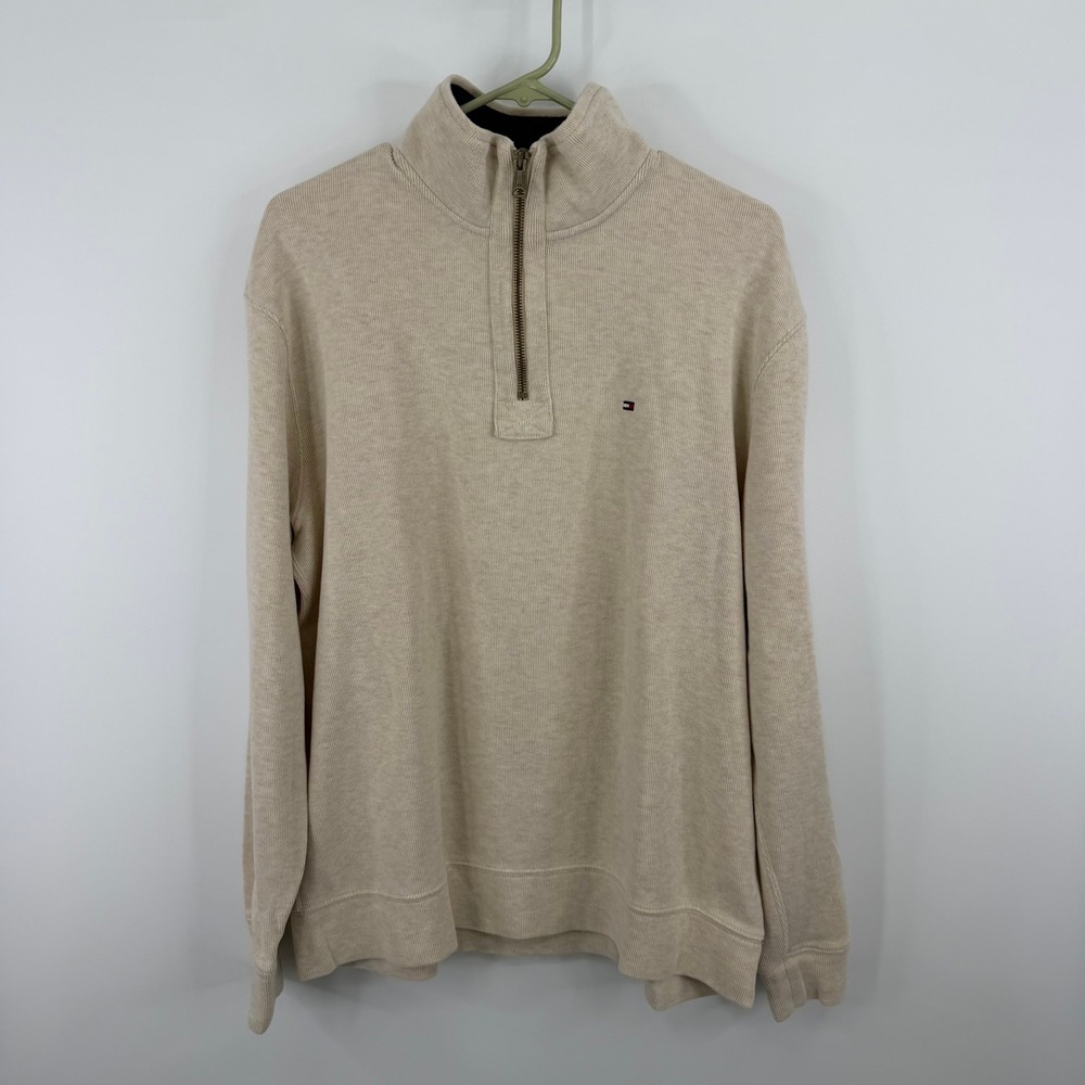 Tommy‎ Hilfiger Quarter Zip Pullover Mens Large Beige Ribbed Sweater Old Money